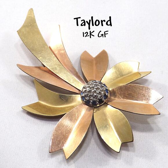 1940s Flower Brooch, Rose & Yellow 12K Gold Filled, Vintage, 3 1/2 Inches - Picture 1 of 10